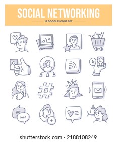 Social networking and online communication. People using social media to connect with friends. Set of doodle icons in linear style