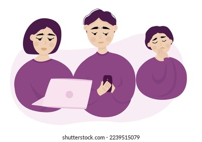 Social networking parents programmers or managers ignoring their child. Sad abandoned kid waiting for parents.