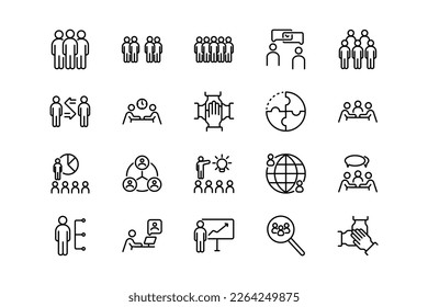 Social networking, people grub, and discussions lines icon set. Social genres and attributes. Linear design. Lines with editable stroke. Isolated vector icons.