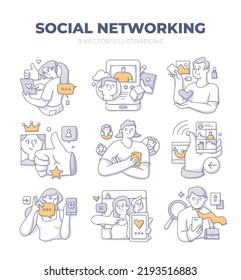 Social networking. People use dedicated online platform to connect with friends, find job or sell products and services . Doodle vector illustrations with characters to visualize concepts