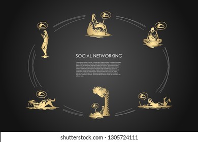 Social networking - people working on laptops and using smartphones vector concept set. Hand drawn sketch isolated illustration