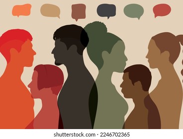 Social networking. The profile shows a large group of people talking and a diverse group of people. Vector Illustration. Dialogue between multi-ethnic groups. An idea for communication. 
