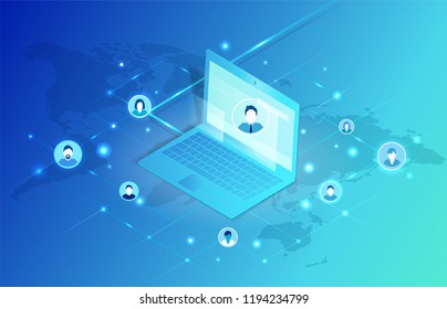 Social networking, profiles and avatars images of people user of internet. Isolated icons set vector, laptop and map, communication of woman and man