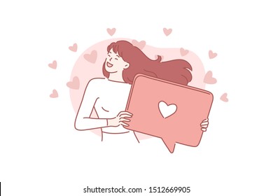 Social networking, promotion, smm concept. Young happy excited woman or girl holding a speech bubble. Sweet lady in a great mood puts a big like. Romantic dreamy. Advertising content. Simple flat.