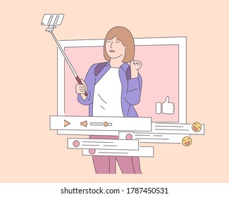 Social networking, promotion, smm concept. Young happy woman or girl runs a blog. Vector illustration 