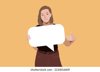 Social networking, promotion, smm concept. Young happy woman or girl holding a speech bubble. Sweet lady in a great mood puts a big like. Advertising content. Simple flat.