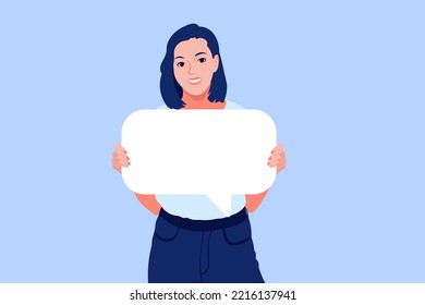 Social networking, promotion, smm concept. Young happy woman or girl holding a speech bubble. Sweet lady in a great mood holding an advertising content. Simple flat.