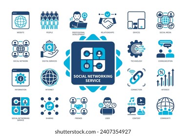 Social Networking Service SNS icon set. Devices, Online Community, Content, Sharing, People, Digital Services, Relationship, Website. Duotone color solid icons