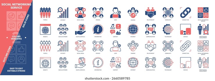 Social Networking Service SNS icon set. Devices, Community, Content, Sharing, People, Digital Services, Relationship, Communication. Duotone color solid and editable outline icons