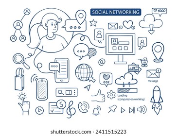 social networking set. Hand drawn vector illustration