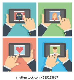 Social networking set. Hands holding tablet with like button and liking photos.