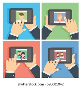 Social networking set. Hands holding tablet with like button and liking photos.