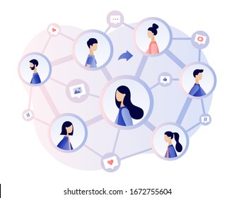 Social Networking. Share Concept. Social Media. Tiny People Communicate Sharing Data, Photos, Links, Posts And News In Social Networks. Modern Flat Cartoon Style. Vector Illustration