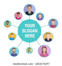 Social networking and team work concept - people community - different people icons or avatars circular arranged and connected to center by lines - flat vector illustration