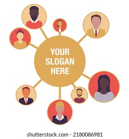 Social networking and team work concept. People community avatars arranged and connected to center by lines - flat vector illustration