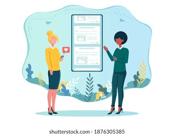 Social networking. Two women use smartphones to get into social network. Concept of social interaction through application interface. Flat cartoon vector illustration