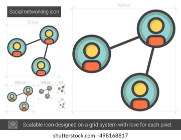 Vektorsymbol sozialer Netzwerke, einzeln auf weißem Hintergrund. Social Networking Line Symbol für Infografik, Website oder App. Skalierbares Symbol, das auf einem Gittersystem entworfen wurde.