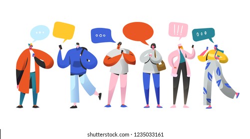 Social Networking Virtual Relationships Concept. Flat People Characters Chatting via Internet Using Smartphone. Group of Man and Woman with Mobile Phones. Vector illustration