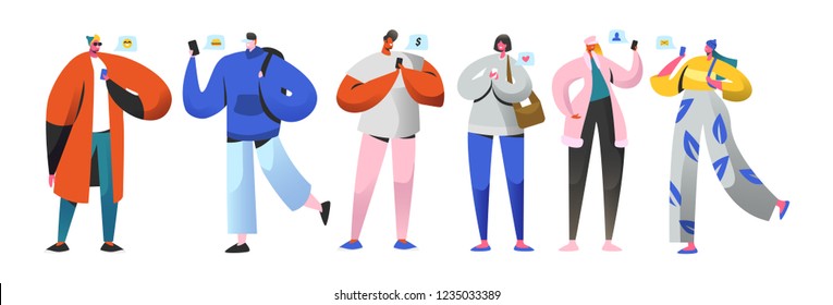 Social Networking Virtual Relationships Concept. Flat People Characters Chatting via Internet Using Smartphone. Group of Man and Woman with Mobile Phones. Vector illustration