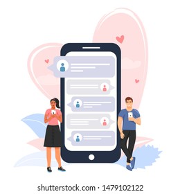 Social networking, virtual relationships concept. People chatting in the smartphone screen. Man chatting on cellphone with woman. Love mail. Vector illustration.