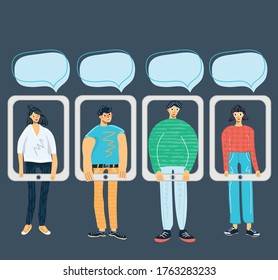 Social networking, virtual relationships concept. Flat people characters chatting via Internet using smartphone. Group of man and woman with mobile phones. Handdrown vector isolated illustration 