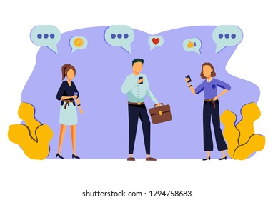 Social Networking Virtual Relationships Concept. Flat People Characters Chatting via Internet Using Smartphone. Group of Man and Woman with Mobile Phones. Vector illustration