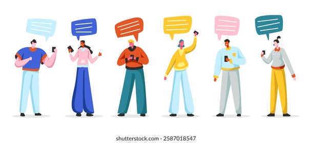 Social Networking Virtual Relationships Concept with Speech bubble. Flat People Characters Chatting via Internet Using Smartphone. Group of Man and Woman with Mobile Phones. Vector illustration