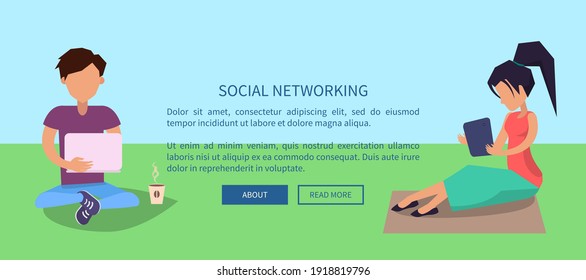 Social networking web banner with man working on laptop and drinking coffee and woman sitting on the grass with digital gadget vector illustration