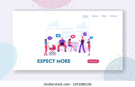 Social Networking Website Landing Page, Characters Communication via Internet on Cityscape Background. Chat, News, Messages, Search Friends, Mobile Web Page. Cartoon Flat Vector Illustration, Banner