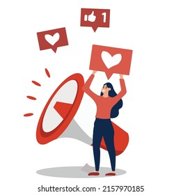 Social networking. Young happy excited woman or girl holding a speech bubble. Sweet lady in a great mood puts a big like. Romantic dreamy. Advertising content. Simple flat.