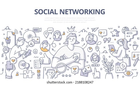 Social networking. Young woman using phone to connect with friends in social network. Concept of online communication in social media. Doodle vector illustration in linear style