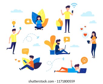 Social networking,chat, video,news,messages,web site, search friends, mobile web graphics. Flat design vector colorful illustration of communication via the Internet