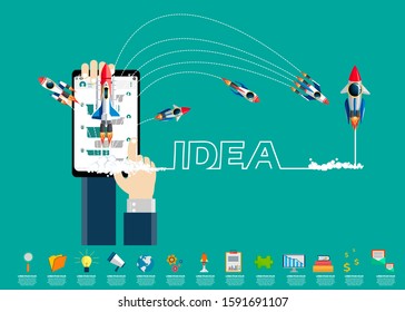 Social network,messenger app for tablet - rocket creativity modern idea and concept illustration flat vector.