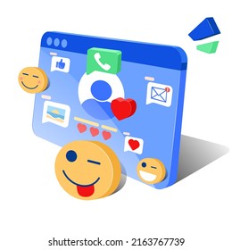 Redes sociales. 3d modelo de pantalla de computadora con mensajes, emojis y corazones. El concepto de aplicaciones en línea para redes sociales y comunicaciones. Gráficos vectoriales en fondo blanco