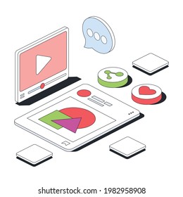 Social networks, application window, video player. Vector 3d line isometric, color web icons, new flat style. Creative design idea for infographics.