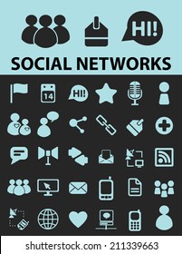 social networks, blog black icons, signs, silhouettes, illustrations set. vector 