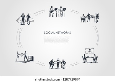 Social networks - business people in office comminicating with laptops and displays vector concept set. Hand drawn sketch isolated illustration