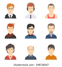 Social networks business private man users profile avatar dress code haircut icons set isolated flat vector illustration