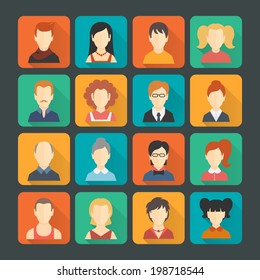 Social networks business private users avatar pictograms solid colors design icons set isolated flat shaded vector illustration