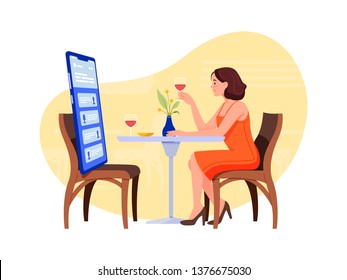 Social networks, chatting, dating app. Young woman are sitting with big smartphone in the restaurant and talking to phone. Flat vector concept illustration isolated on white