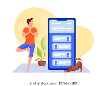 Social networks, chatting, dating app. Young man are doing yoga with big smartphone and talking to phone. Flat vector concept illustration isolated on white