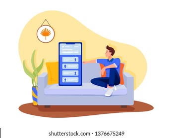 Social networks, chatting, dating app. Young man are sitting with big smartphone on the sofa and talking to phone. Flat vector concept illustration isolated on white