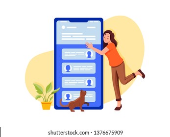 Social networks, chatting, dating app. Young woman hugs big smartphone and talking to phone. Flat vector concept illustration isolated on white