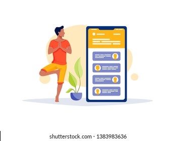 Social networks, chatting, dating app. Young man are doing yoga with big smartphone and talking to phone. Flat vector concept illustration isolated on white