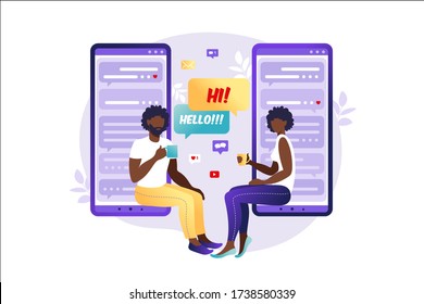 Social networks, chatting, dating app. Vector illustration for online dating app users. Flat illustration of african american man and woman acquaintance in social network.  