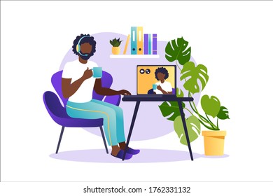 Social networks, chatting, dating app. Vector illustration for online dating app users. Flat illustration of african man and woman acquaintance in social network.