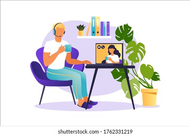 Social networks, chatting, dating app. Vector illustration for online dating app users. Flat illustration of man and woman acquaintance in social network.