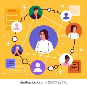 Social networks communication. Networking and remote employees collaboration. Chatting on internet and online dialogues. Users profiles avatars. Cartoon flat vector illustration