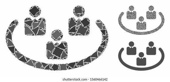 Social networks composition of bumpy pieces in variable sizes and color tinges, based on social networks icon. Vector uneven pieces are composed into collage.