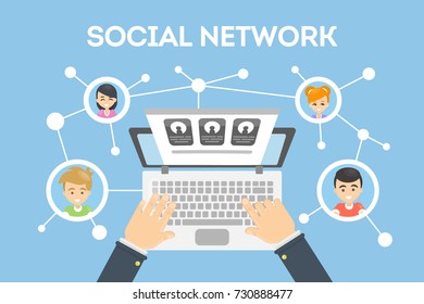 Social networks concept. Hands typing on laptop.